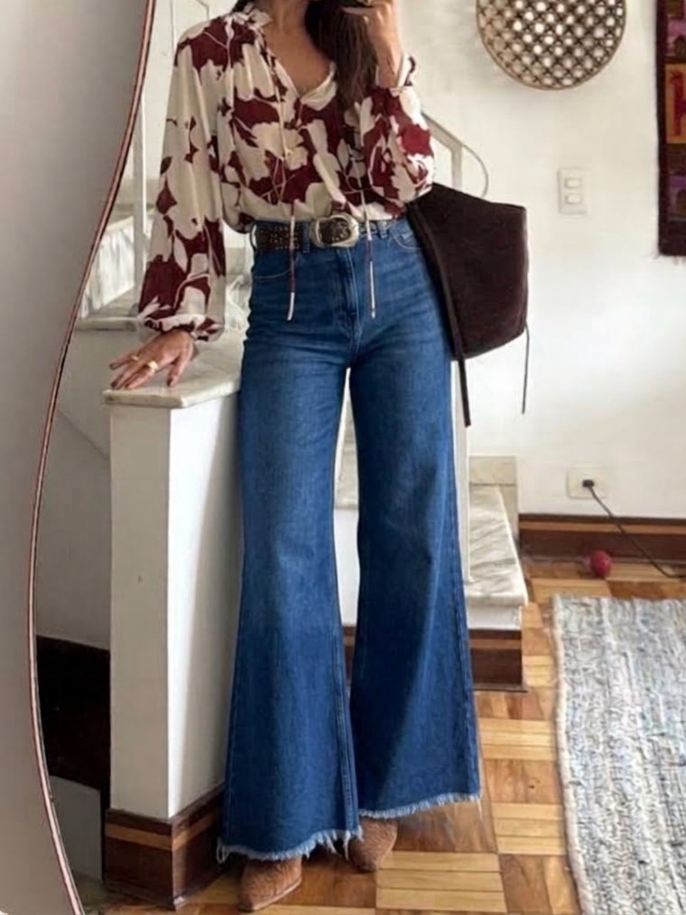 Zara High-Rise Wide-Leg Jeans with Raw Hem Blue US 8 streetwear